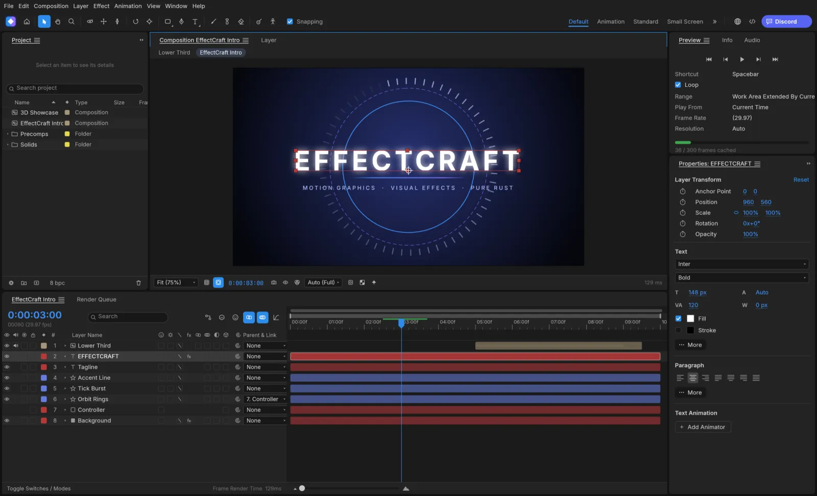 EffectCraft: composizione animata con timeline dei livelli e pannello Proprietà