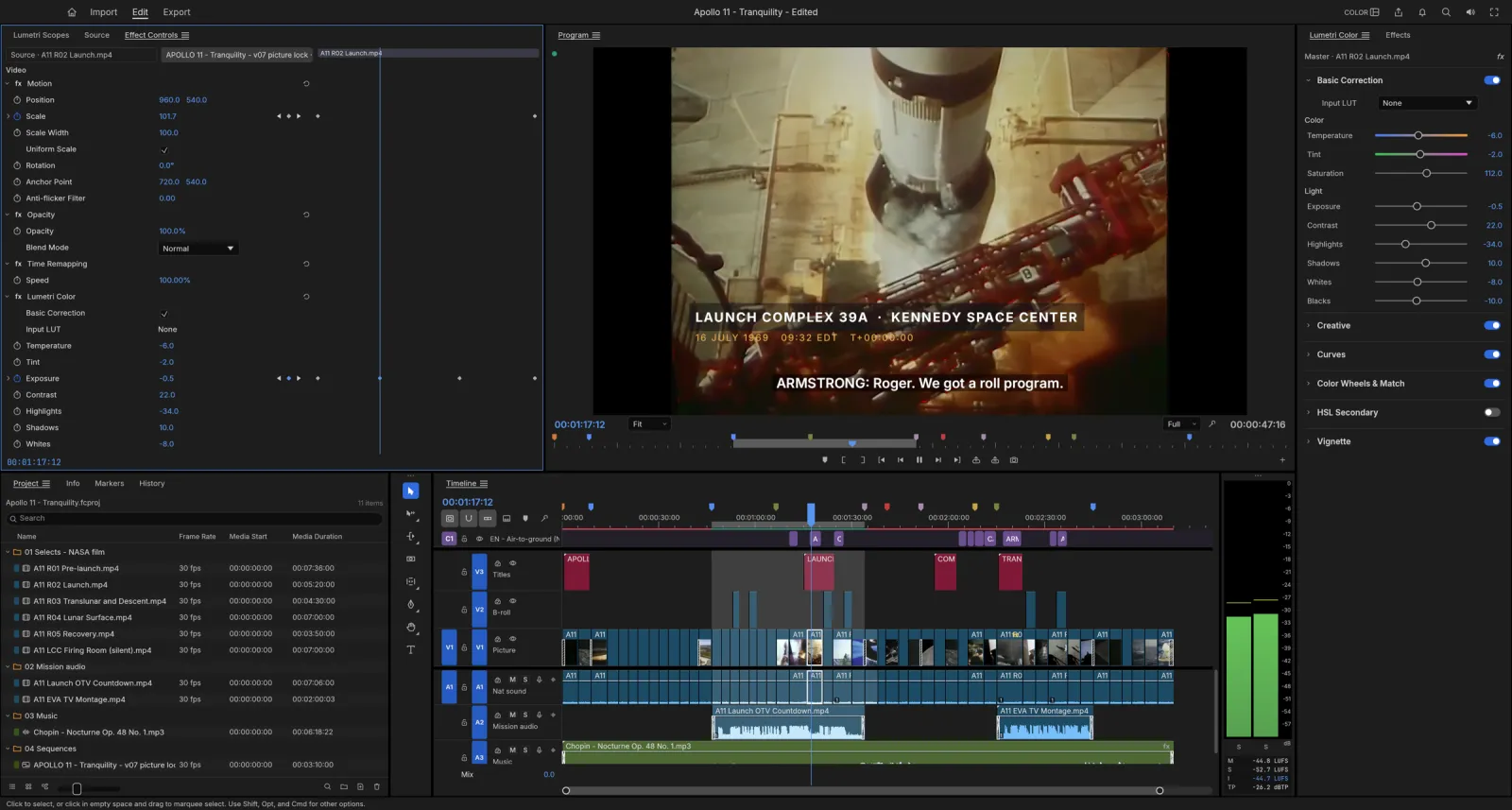 FilmCraft: editor con controlli degli effetti, monitor di programma su riprese di Apollo 11, timeline multitraccia e correzione colore
