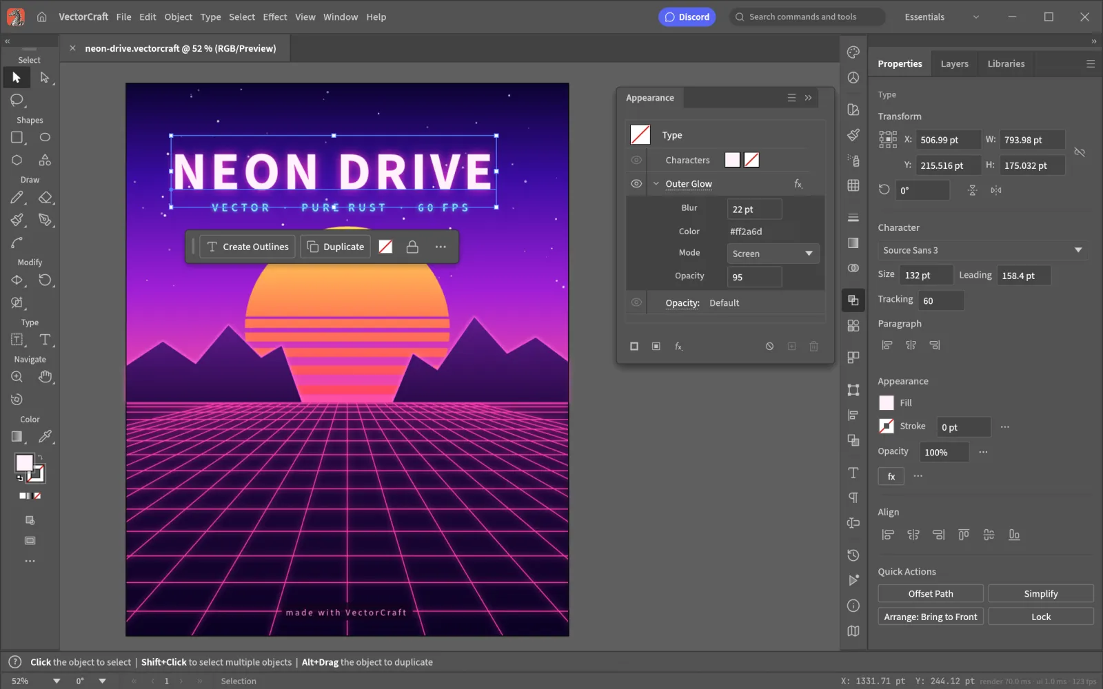 VectorCraft: editor vettoriale con il poster "Neon Drive" e il pannello Aspetto con bagliore esterno